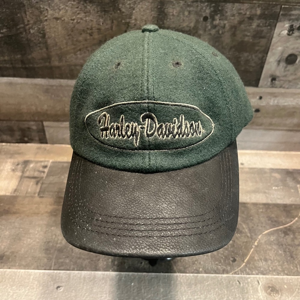 Vintage Harley Davidson Hat Green Wool Black Leather Brim Made in USA Strapback